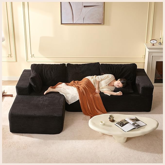 107" Boneless Couch with Deep Seat, Modular Sectional Sofa, Cloud Sectional Couch for Living Room, No Assembly Required, Corduroy, L-Shape Left，Black