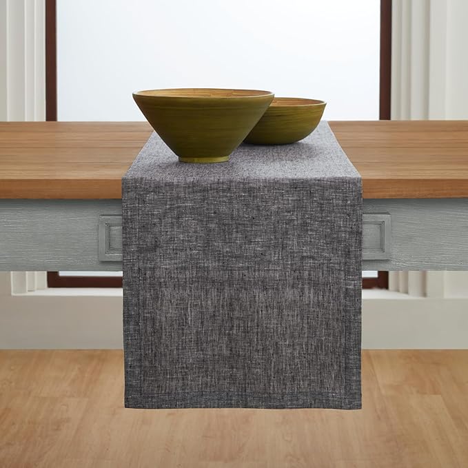 Solino Home Linen Chambray Black Table Runner 120 Inches Long - Athena, 100% Pure Linen 14 x 120 Inch Table Runner for Halloween, Thanksgiving, Holiday