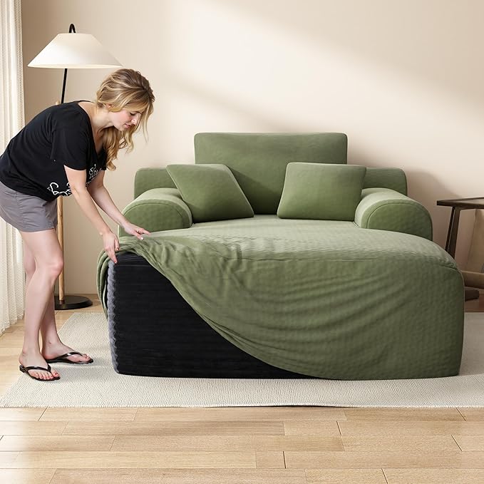 67" Oversized Chaise Lounge Chair with Cover, Comfy Sleeper Sofa Bed, Black Plush Corduory Couch for Living Room,Sofa in A Box,No Assembly Required (Pet Light Green Cover).