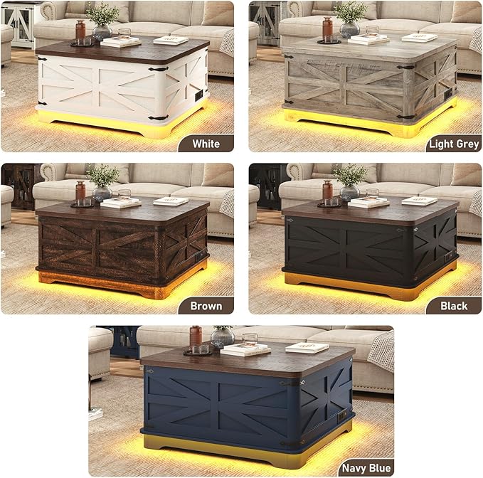 36" Farmhouse LED Lift Top Coffee Table with Storage and Power Outlets, Square Wood Living Room Tables with LED Lights & Large Hidden Space, Lift Wooden Barn Door Center Table, Brown