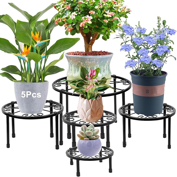 5-Pack Metal Plant Stands, Heavy Duty Flower Pot Stand for Multiple Plant, Potted Plant Holder Shelf for Garden Home Indoor Outdoor (Black)