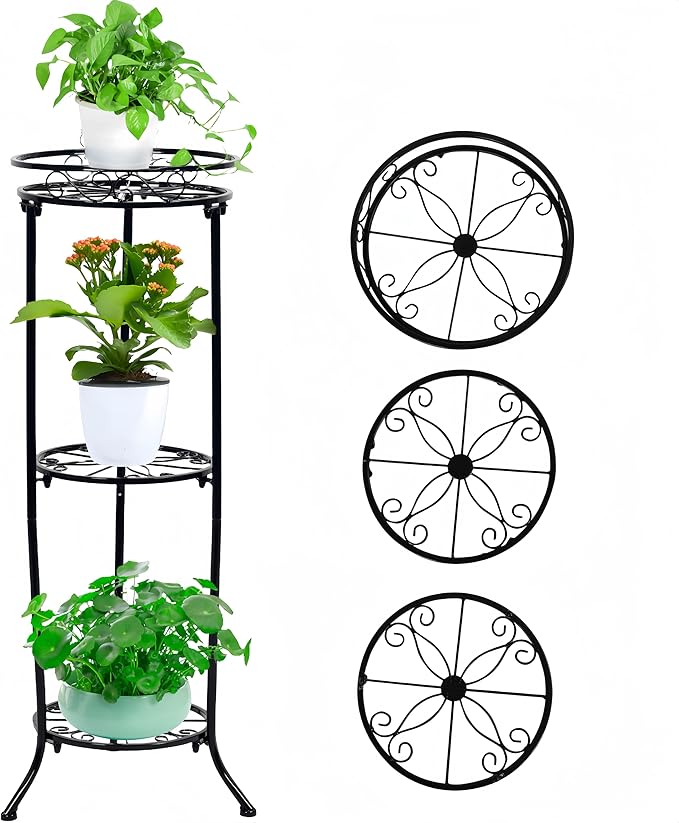 Plant Stand Indoor Outdoor, 3 Tier Tall Black Metal Plant Stands, 35 inch Round Multiple Plant Rack Holder Rack Flower Pot Stand Heavy Duty Plant Shelf for Patio Balcony Garden Living Room