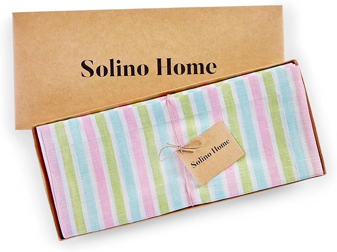 Solino Home Linen Cloth Placemats Set of 4-100% Pure Linen Multicolor Palm Beach Stripe Farmhouse Placemats 14 x 19 Inch