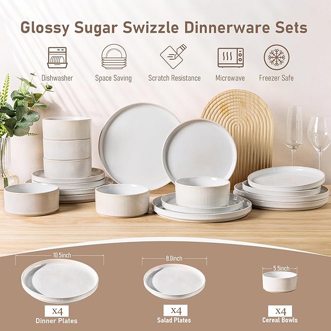 GBHOME Stoneware Dinnerware Sets for 4, Round Reactive Glaze Ceramic Plates and Bowls Set, Highly Scratch Resistant | Dishwasher & Microwave Safe ，Service for 4(12Pcs)