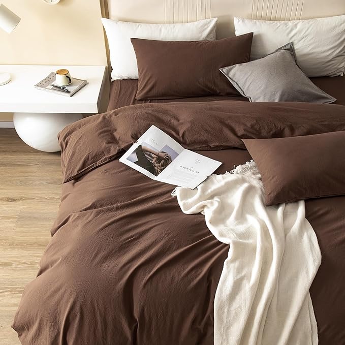 JIYUAN 100% Washed Cotton Duvet Cover Set 3 Pieces Super Queen, 1 Duvet Cover 90x98 Inches(Comforter Not Included) and 2 Pillowcases,Linen Feel Bedding Set Comfy and Breathable,Chocolate Brown