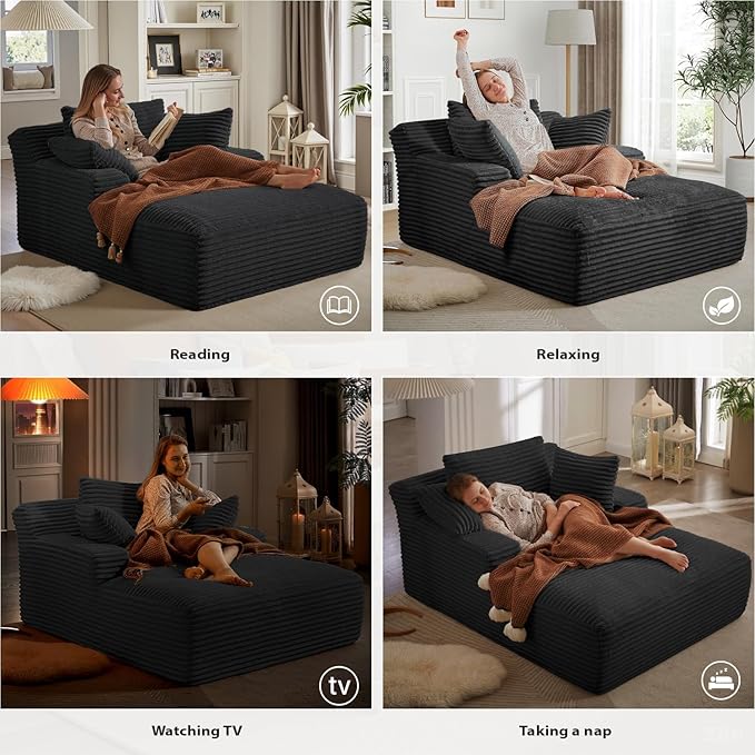 Oversized Chaise Lounge Chair Indoor, Boneless Reading Sleeper Chair Upholstered Corduroy Sofa Bed with Throw Pillows, Cozy Cloud Couch for Living Room, Bedroom, Apartment, Black
