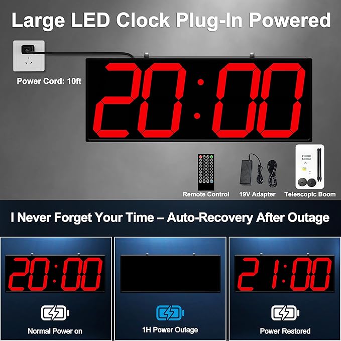 Digital Clock Large Display 19" with Remote Control,Double-Sided Clock, Suspended Design for Hospitals, Factories, Airports.