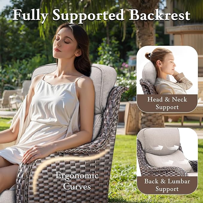 Luxury High Back Outdoor Furniture with 6-inch Extra Thick Cushions, Patio Furniture Set with Fire Pit Table & Swivel Chairs, 9 PCS Wicker Conversation Set for Yard, Deck, Poolside, Brown/Beige