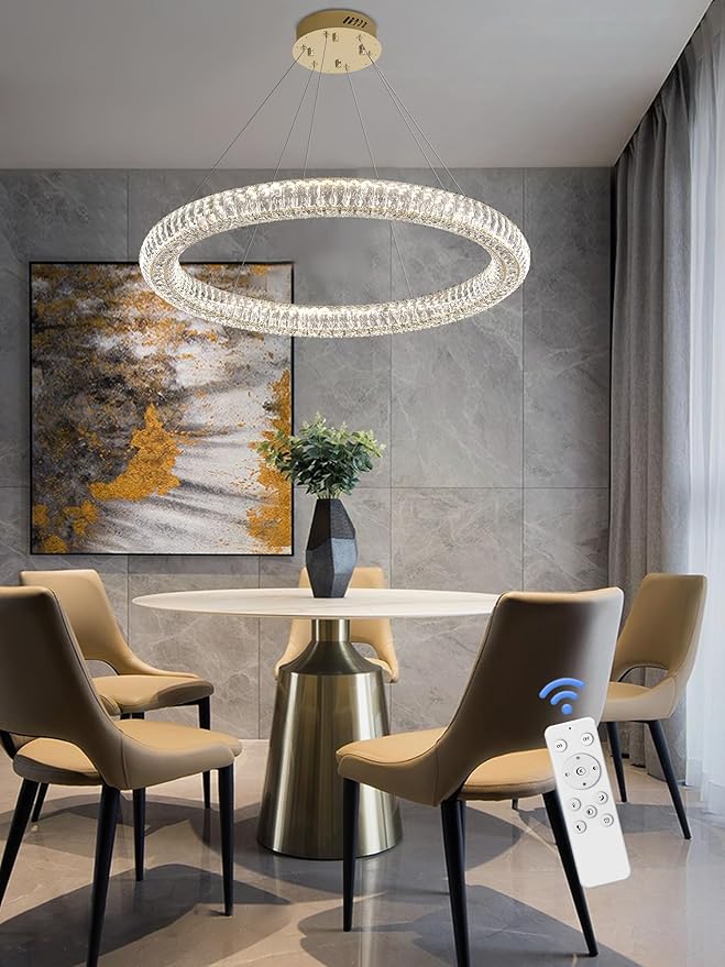 Modern Crystal Chandelier Dimmable LED 39.4" Ring Pendant Light Adjustable Round Gold Crystal Chandelier Light Fixtures for Dining Room Living Room