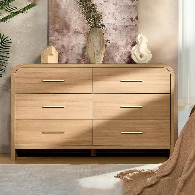 Curved Dresser for Bedroom, Modern Chest of Drawers, Vanity Desk TV Stand for Living Room, Closet Storage Drawers Farmhouse Coffee Table Bedside Table End Table (Oak, 6 Drawers)