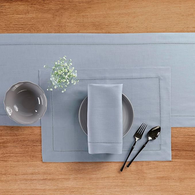 Solino Home Linen Dusty Blue Table Runner 90 Inches Long - 100% Pure Linen Hemstitch 14 x 90 Inch Table Runner for Dining, Fall, Autumn, Thanksgiving - Classic Hemstitch