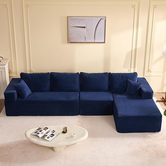 138" Boneless Couch with Deep Seat, Modular Sectional Sofa, Cloud Sectional Couch for Living Room, No Assembly Required, Corduroy, 4 Seater L-Shape Right, Blue