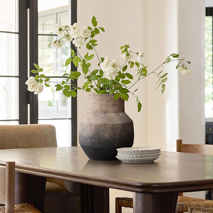 LuxenHome Rustic Ceramic Flower Vase,Farmhouse Vintage Pottery for Shelf Decor Room Decor,Brown Ombre Terracotta Vase,11'' Round Decorative Vases Home Decor Living Room