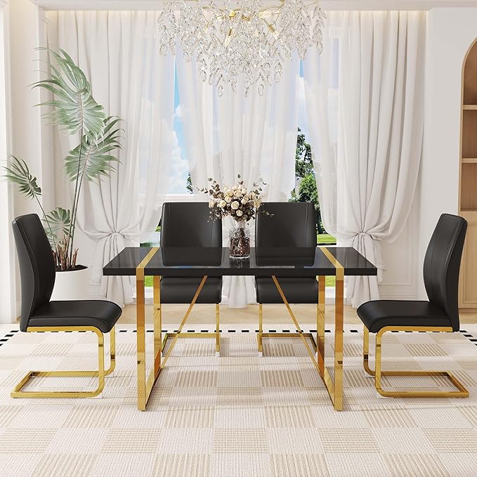 55" Black Dining Table Set for 4, 5 Piece Dining Table Set, 1.5" Black Glossy Wood Tabletop with Gold Metal Legs, Modern Kitchen Table Set with 4 Bow-legged Faux Leather Chairs for Dining, Small Space
