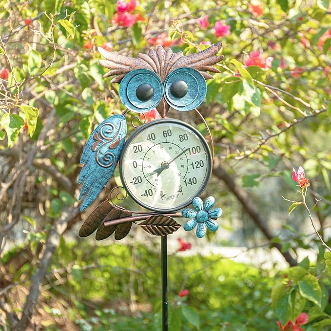 MUMTOP Outdoor Thermometer, 42 Inch Metal Owl Garden Stake Outside Wall Thermometer for Patio, Yard and Garden