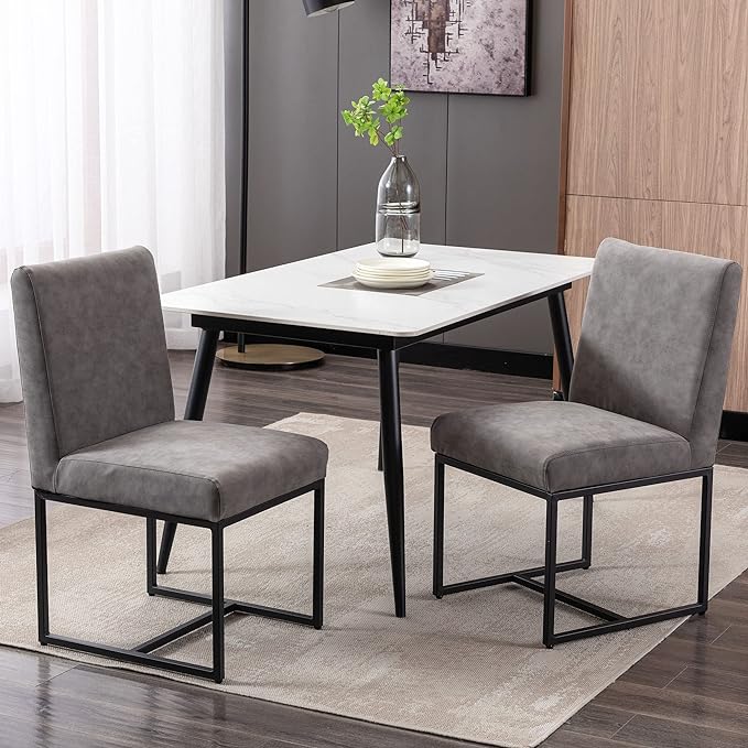 VESCASA Faux Leather Upholstered Dining Chairs with Black Metal Frame, Mid Century Modern Padded Kitchen Chair with Adjustable Foot Pads for Restaurant, Dining Room, Set of 2, Light Grey