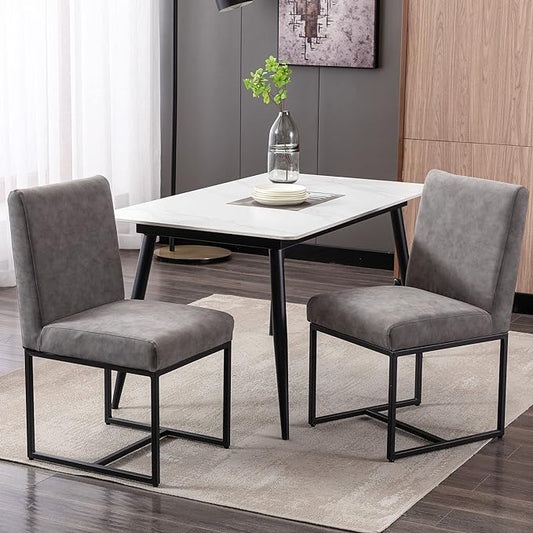 VESCASA Faux Leather Upholstered Dining Chairs with Black Metal Frame, Mid Century Modern Padded Kitchen Chair with Adjustable Foot Pads for Restaurant, Dining Room, Set of 2, Light Grey