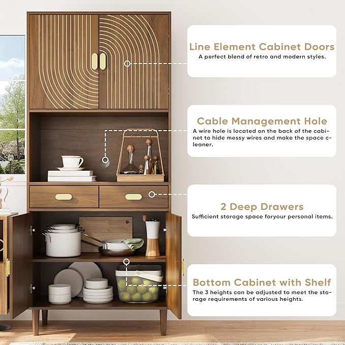 Smuxee 70.87" Walnut Kitchen Pantry Cabinet, Tall Food Pantry Cabinet with Line Groove Design, Kitchen Hutch with Microwave Stand for Dining Room Living Room