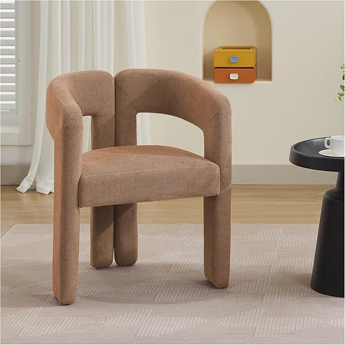 Modern Barrel Dining Chairs, Upholstered Linen Dining Room Chair with Wooden Legs, Accent Chairs for Kitchen/Dining Room/Living Room, Brown