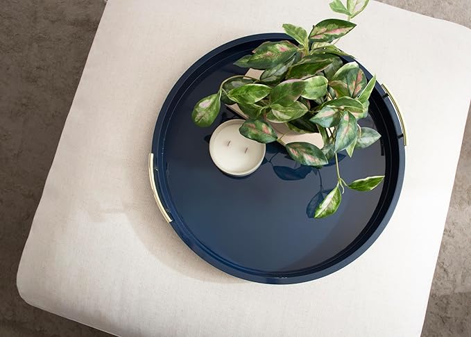 Kate And Laurel Lipton Modern Round Ottoman Tray, 22 Inch Diameter, Navy and Gold, Decorative Circle Coffee Table Tray for Living Room Decor or Large Serving Tray