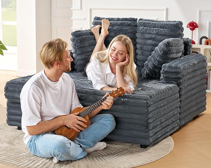 VanAcc 53 Inch Chaise Lounge Indoor, Plush Sleeper Chair with Throw Pillows, Upholstered Sofa Bed with Armrests, Plush Chair Bed for Living Room(Grey)