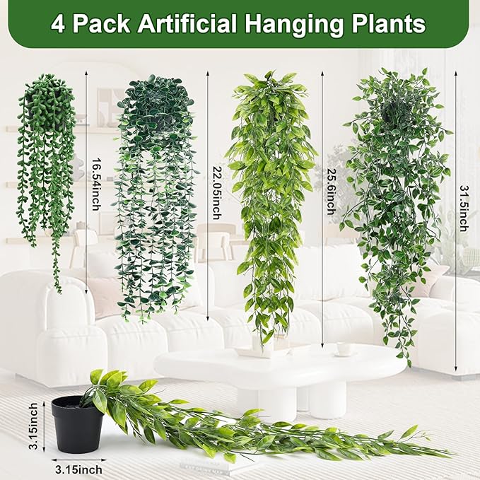 Artificial Hanging Plants for Shelf, 4-Pack Fake Potted Greenery Faux Plant in Pot for Vintage Farmhouse Bathroom Office Desk Wall Bookshelf Room Accessories Décor
