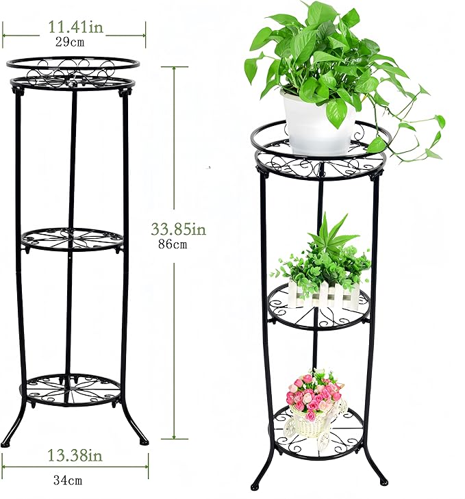 Plant Stand Indoor Outdoor, 3 Tier Tall Black Metal Plant Stands, 35 inch Round Multiple Plant Rack Holder Rack Flower Pot Stand Heavy Duty Plant Shelf for Patio Balcony Garden Living Room