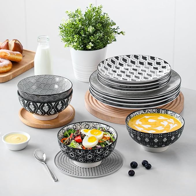 vancasso Haruka 12 Pieces Plates and Bowls Set, Ceramic Dinnerware Sets for 4, Black and White Porcelain Dishes Set