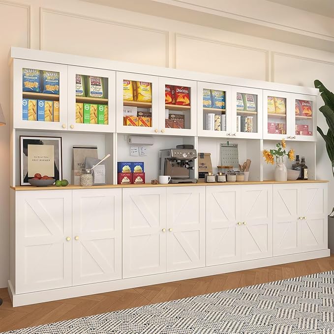 71" Farmhouse Kitchen Pantry Cabinet Set of 4, White Freestanding Coffee Bar with Glass Doors, Microwave Stand, Large Storage Hutch with Adjustable Shelves for Kitchen or Living Room