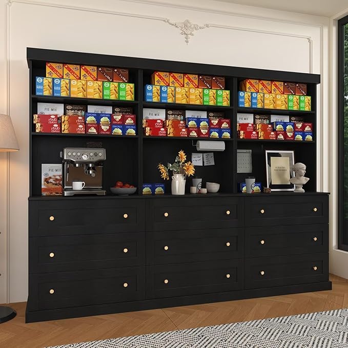 71" Farmhouse Kitchen Pantry Cabinet Set of 3 with Drawers, Black Freestanding Coffee Bar Hutch with Microwave Stand, Large Storage Cabinet with Adjustable Shelves for Kitchen, Living Room