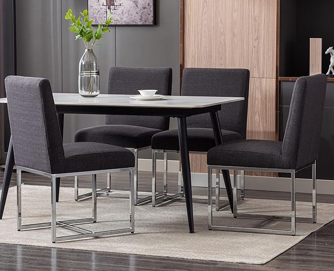 VESCASA Linen Upholstered Dining Chairs Set of 4, Mid Century Modern Padded Chair with Chrome Metal Frame for Restaurant, Dining Room, Kitchen, Charcoal