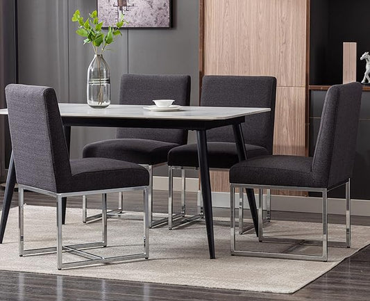 VESCASA Linen Upholstered Dining Chairs Set of 4, Mid Century Modern Padded Chair with Chrome Metal Frame for Restaurant, Dining Room, Kitchen, Charcoal