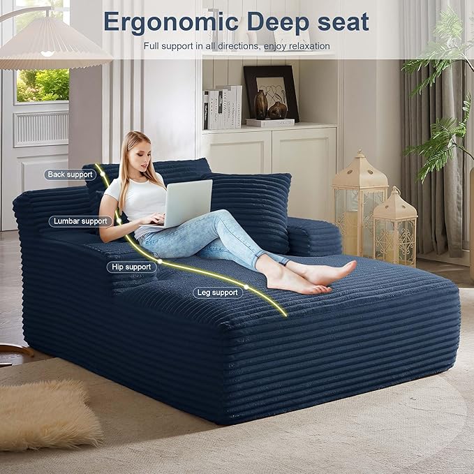 GNIXUU Oversized Chaise Lounge Chair Indoor, Comfy Fluffy Lounge Sofa Upholstered Sleeper Sofa Couch with Throw Pillows and Armrests, Corduroy Plush Cloud Chair for Living Room, Blue
