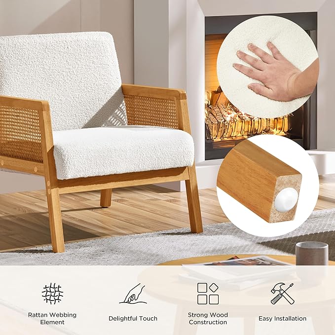 Yaheetech Boucle Fabric Accent Chair, Vintage Rattan Vanity Chair with Wood Armrest and Legs for Living Room Bedroom Makeup Room, Ivory, 2 pcs