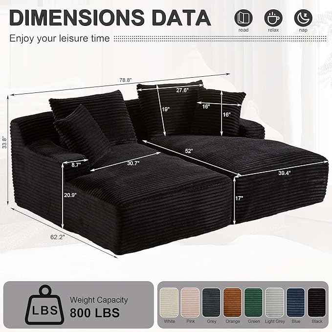 GNIXUU 78.8" Oversized Double Boneless Chaise Lounges Sofa Indoor, Comfy Modern Corduroy Compressed Cloud Couch, Upholstered Sleeper Loveseat Bed for Living Room Bedroom Apartment(Black)