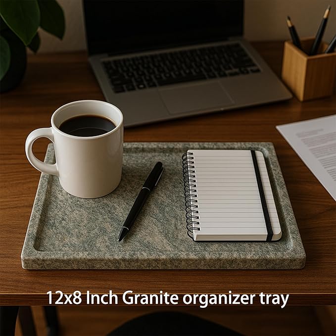 Large Stone Granite Vanity Tray 12 x 8 in - Rectangular Sand-Blasted Non-Slip Organizer with Grooved Edge, Vintage Catchall for Bathroom, Kitchen, Entryway & Bedroom (Imperial Green)