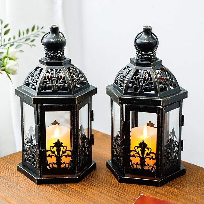 TRIROCKS Set of 2 Vintage Decorative Lanterns 9.5" H Hanging Lantern Metal Candleholder with Tempered Glass for Indoor Outdoor Home Decor Parties Garden Events Wedding(Black with Gold Brush)