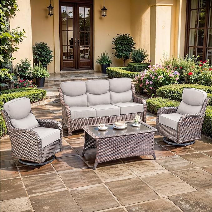 Luxury High Back Outdoor Furniture with 6-inch Extra Thick Cushions, Patio Furniture Set with Swivel Chairs, 4 PCS Wicker Conversation Set for Yard, Deck, Poolside, Brown/Beige