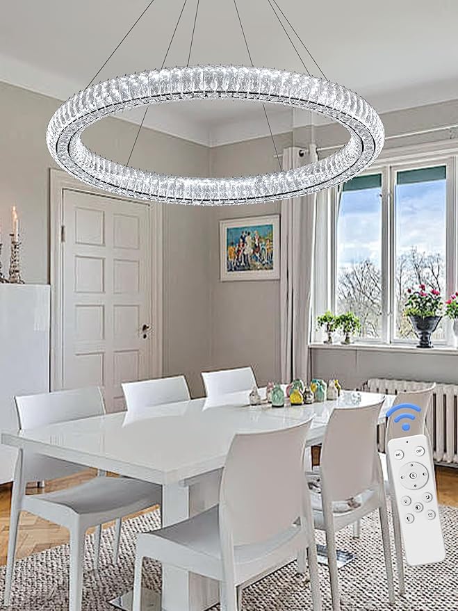 Modern Crystal Chandelier Dimmable LED 39.4" Ring Pendant Light Adjustable Black Round Crystal Chandelier Light Fixtures for Dining Room Living Room