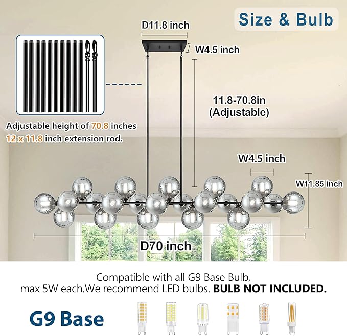 Linear Chandeliers for Dining Room, Glass Globe Sputnik Linear Chandelier Black with 22 Lights Smoky Gray Lampshade, Hanging Island Pendant Light for Kitchen, Oval Table, Farmhouse, Dia 70 Inch