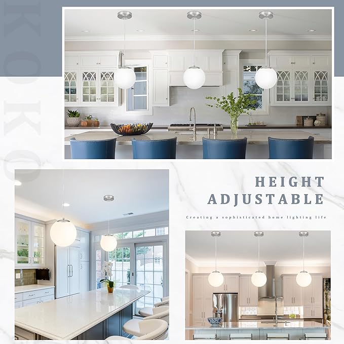 KoKo&Yukina 8 Inch Globe Pendant Light Nickel Globe Pendant Lights Kitchen Island Mid Century Light Fixture with Milky White Glass Shade Adjustable Lights for Dining Room