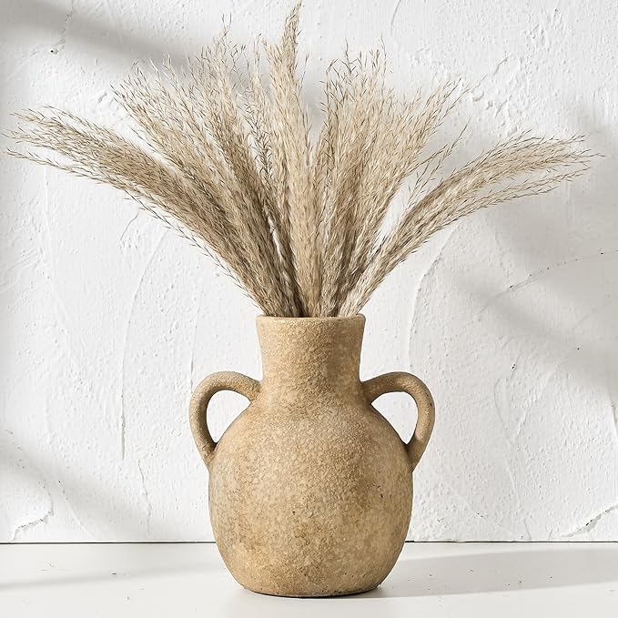 SIDUCAL Rustic Ceramic Farmhouse Flower Vase with 2 Handles, Terracotta Vase, Decorative Pottery Flower for Home Decor, Table, Wedding, Living Room, Shelf Decor, 7.3 Inch, Brown