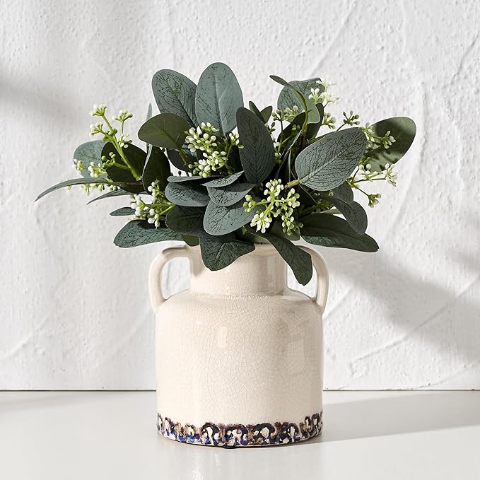 White Ceramic Vase with 2 Handles, 5.83 Inch Cute Retro Ice Cracked Flower Vase, Small Antique Vases for Modern Farmhouse Home Decor, Wedding, Living Room, Table, Shelf Decor, White