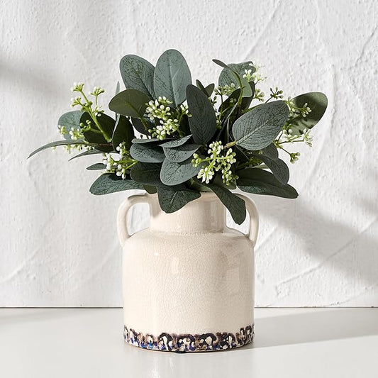 White Ceramic Vase with 2 Handles, 5.83 Inch Cute Retro Ice Cracked Flower Vase, Small Antique Vases for Modern Farmhouse Home Decor, Wedding, Living Room, Table, Shelf Decor, White