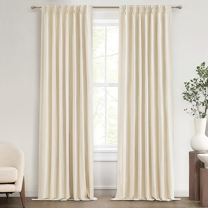 Light Beige 100% Blackout Curtains for Office at Home/Playroom/Classroom, Noise Cancelling Thermal Curtains 90 Inch Length 2 Panels Set Neutral Modern Window Faux Linen Pinch Pleated Drapes(40x90)