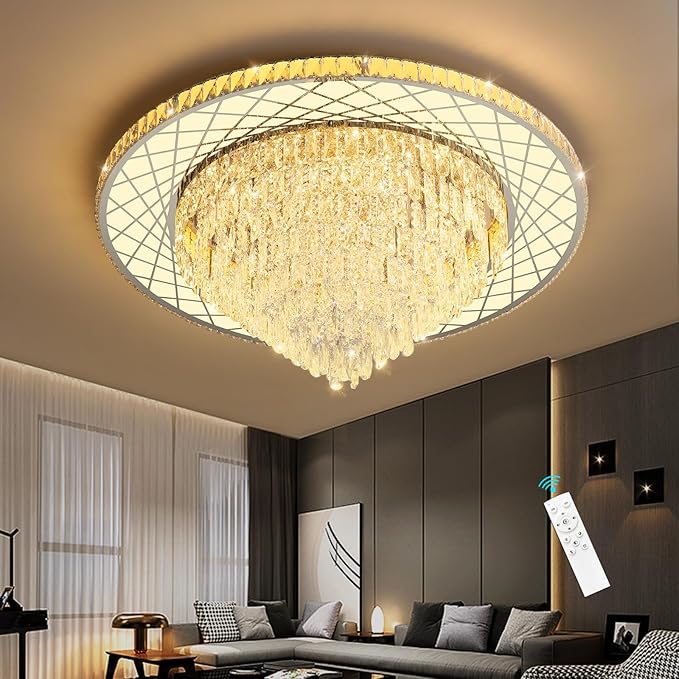 Large Chandelier for Living Room High Ceiling Modern Crystal Ceiling Chandeliers Light for Dining Room Entryway Lights with 90W LEDs Dimmable Bulbs Silver Lighting Fixtures