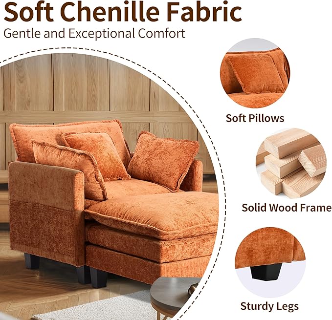 SweetGO corporation 40" Chenille Lounge Chair for Reading, Modern Couch Cozy Sofa Bed, Upholstered Living Room Single Sofa Accent Chair with Ottoman, Orange