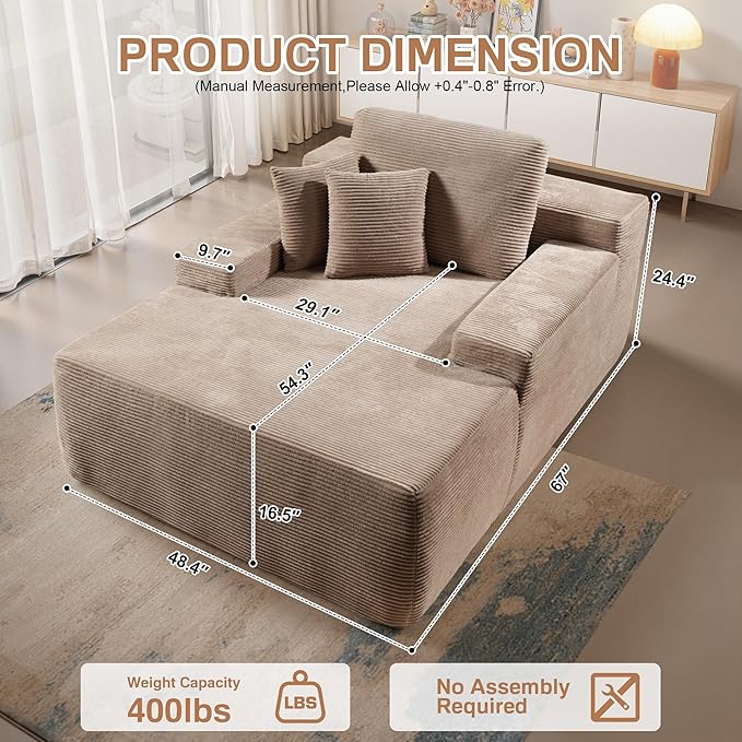 Chaise Lounge Chair Indoor, 67" Oversized Comfy Corduroy Sleeper Sofa Bed, Boneless Upholstered Recliner Bed with Pillows and Wide Armrests, Modern Cloud Couch for Living Room, Camel