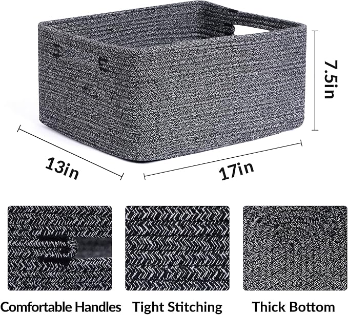 Large Storage Baskets for Organizing, Closet Shelf Baskets for Clothes Blanket Towels, Baby Nursery, Toy Bins Box, Woven Rope Baskets, 17 x 13 x 7.5”, 4 Packs Dark Gray