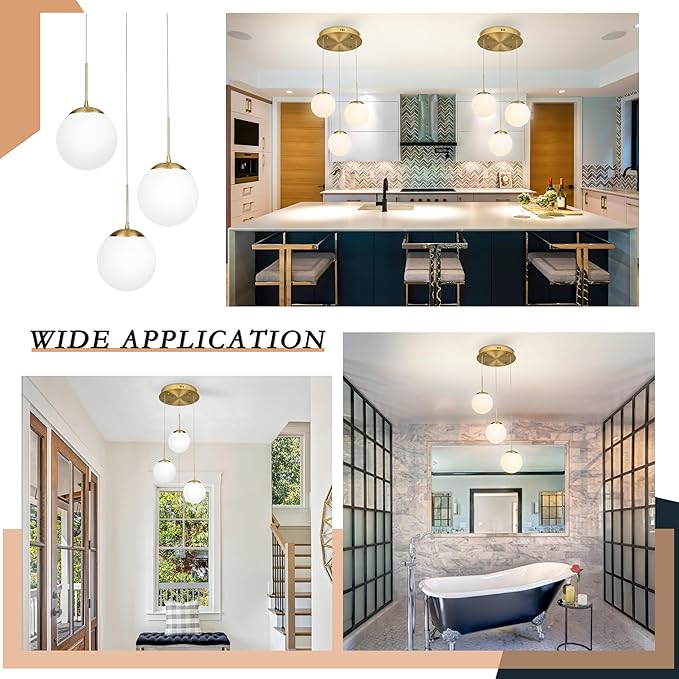 KoKo&Yukina 3-Light Globe Glass Pendant Light Modern Gold Globe Chandelier Adjustable Length Pendant Light Fixtures Milky White Glass Lights Fixture for Hallway Living Room Bedroom